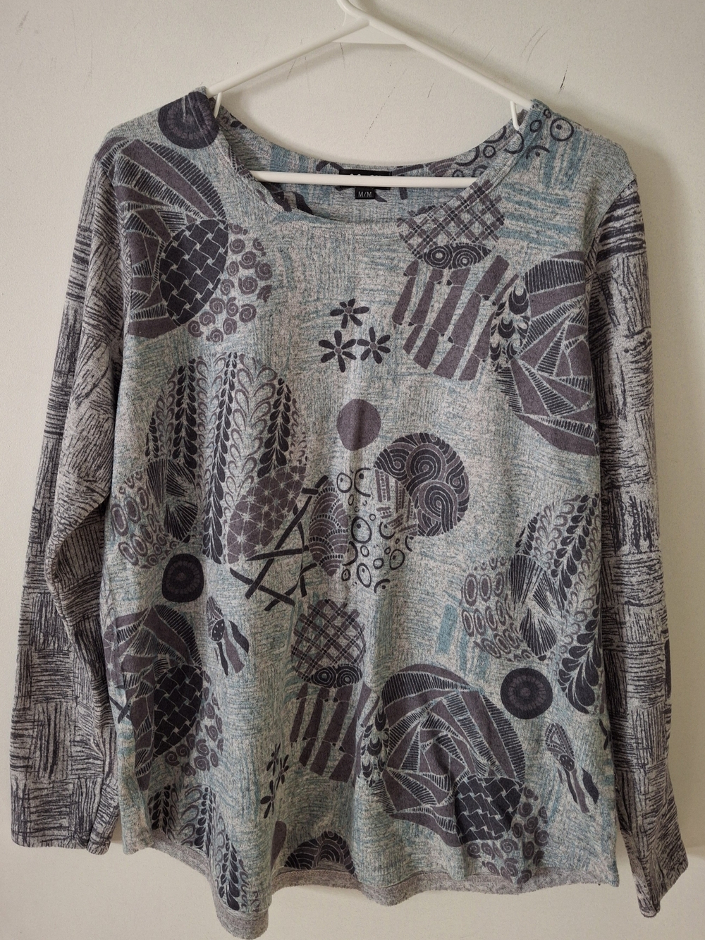 Moffi Blue Grey Abstract Geometric Print Long Sleeve Top Size Medium